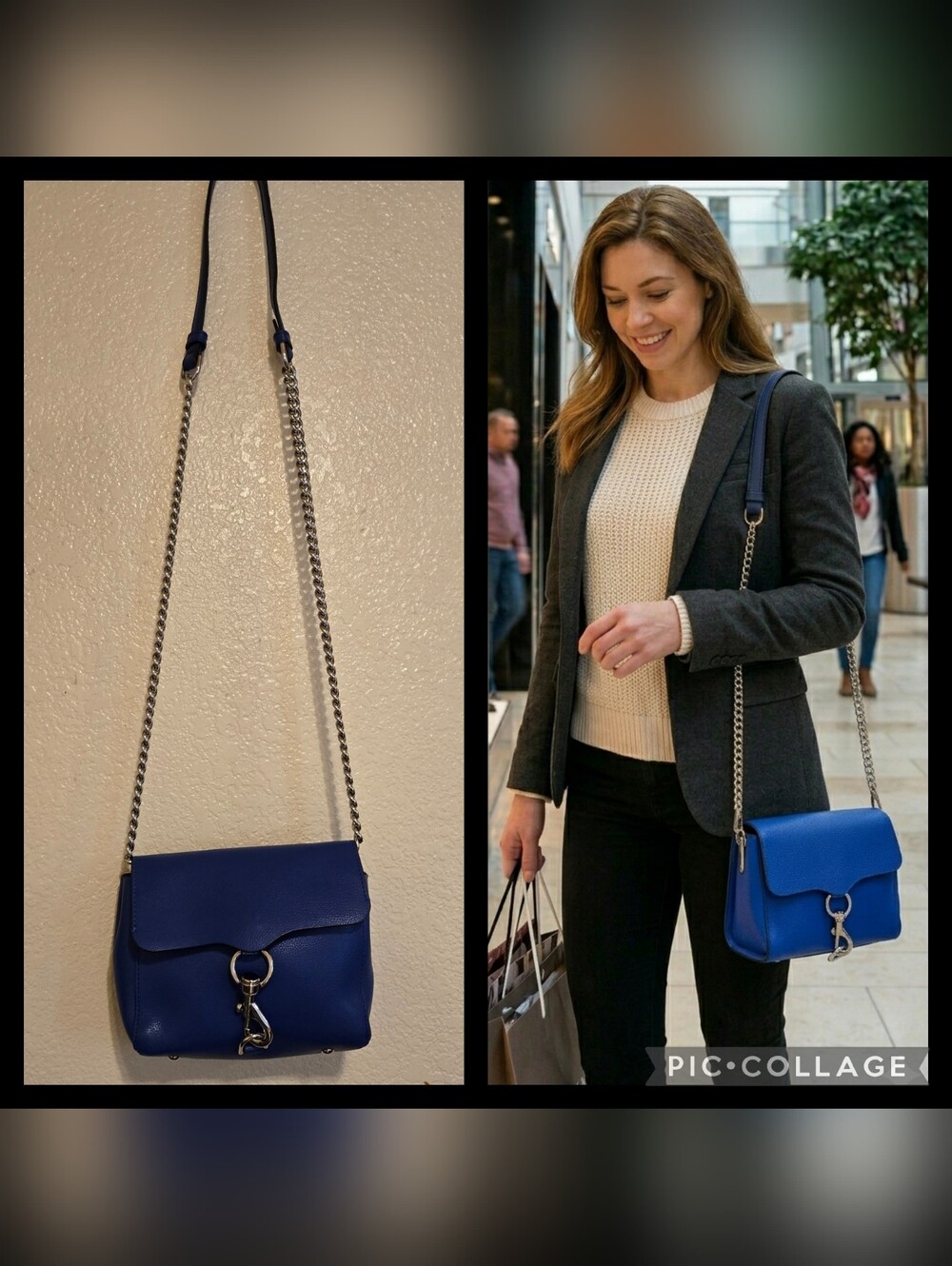 Blue Leather Crossbody Bag with Chain Strap